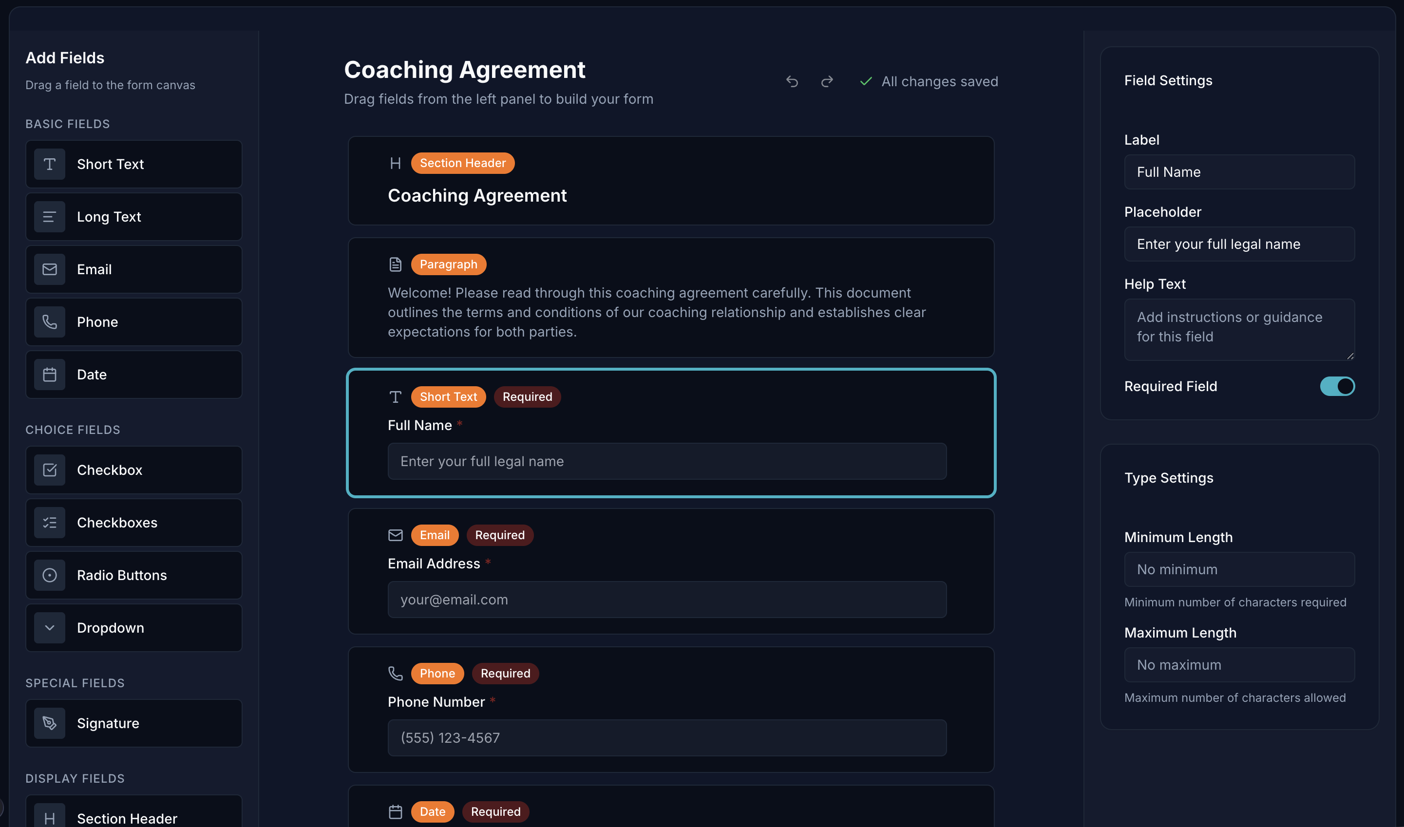 IntakeEase form builder — dark mode